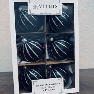 Vitbis Black Silver 6-ct Polish Handmade Glass Christmas Holiday Ornaments